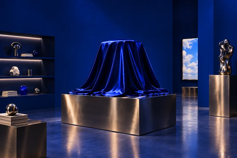 A sculptural object concealed beneath cobalt fabric on a metal plinth.